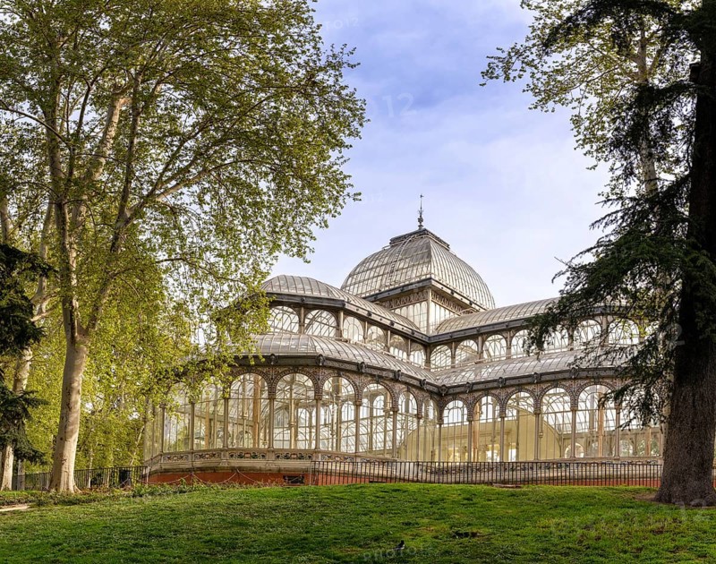 Madrid, Spain, 6 April, 2024: view of the Crystal Palace in the El Retiro Park in downtown Madrid, Europe