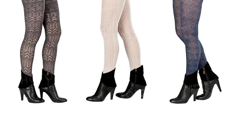 A collage made up of three pairs of female legs in pantyhose and boots isolated on a white background. The image is composed of several photographs