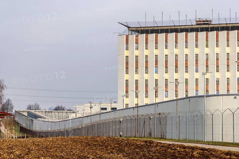 Stammheim prison, JVA. Exterior view with prison wall and barbed wire. Stuttgart, Baden-Württemberg, Germany