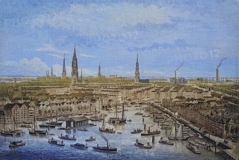 The part of Hamburg to be demolished due to the construction of the free harbour, Butenkajen, Kehrwieder, Germany, around 1885, Historical, digitally restored reproduction from a 19th century original, The part of Hamburg to be demolished due to the construction of the free harbour, around 1885, Historical, digitally restored reproduction from a 19th century original