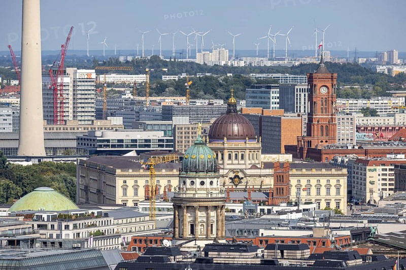 View of East Berlin with the Red City Hall, panoramic viewpoint Kollhoff Tower at Potsdamer Platz, city view. Berlin, Germany