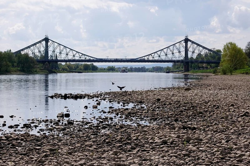 Elbe near Dresden with low water on 23 April 2025, Blaues Wunder bridge, drought, Saxony, Germany