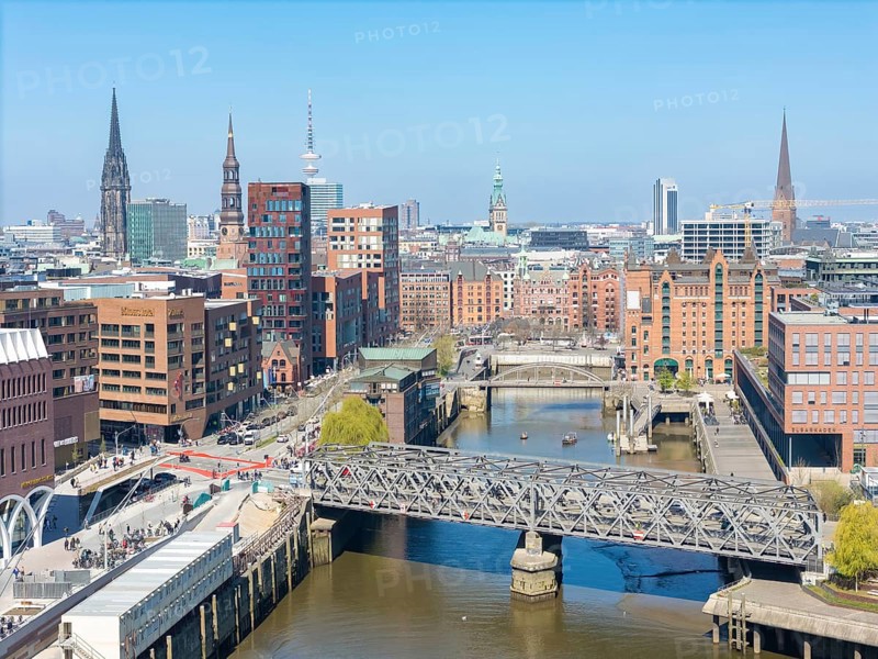 Aerial view of Hamburg's HafenCity with a view of Magdeburg harbour under a clear blue sky, HafenCity, Hamburg, Germany