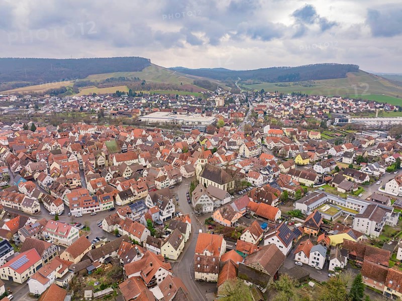 Aerial view of a village with red roofs and hills in a rural setting, Großbottwar, Ludwigsburg district, Baden-Württemberg, Germany