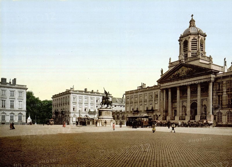 The Place Royale, Royal Square, with a statue of Gottfried von Bouillon and the church of St Jacques-sur-Coudenberg, Brussels, Belgium, ca 1895, Historical, digitally restored reproduction from a 19th century original, Record date not stated