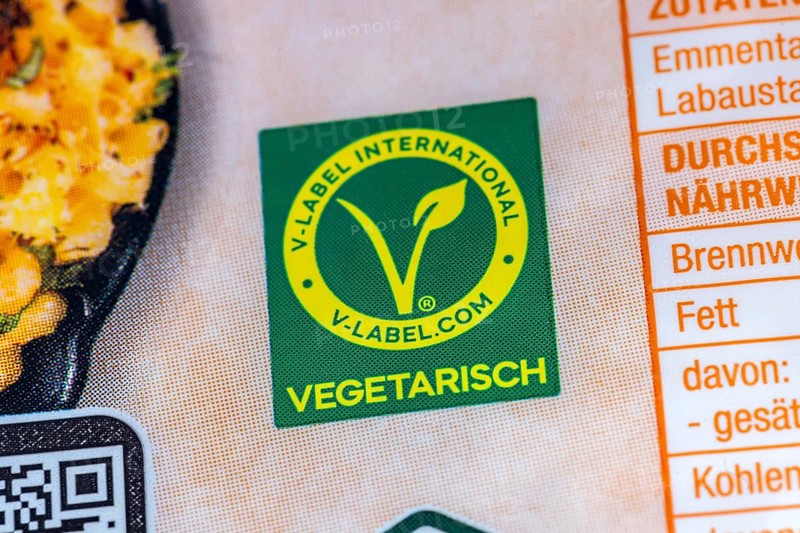 Ecolabel on food packaging, printed on the packaging. V-Label International, vegetarian. Baden-Württemberg, Germany