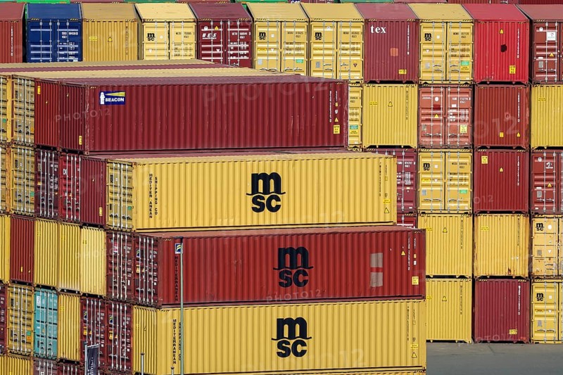 Duisburg, Ruhr area, North Rhine-Westphalia, Germany - msc containers at the container terminal in the port of Duisburg on the Rhine in Wanheim-Angerhausen, combined transport and handling, container storage, intermodal container terminal connecting barge, rail and truck, HGK Intermodal