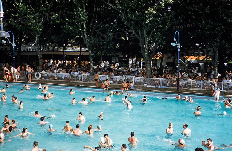 Crowded outdoor swimming pool, Madrid, Spain 1959