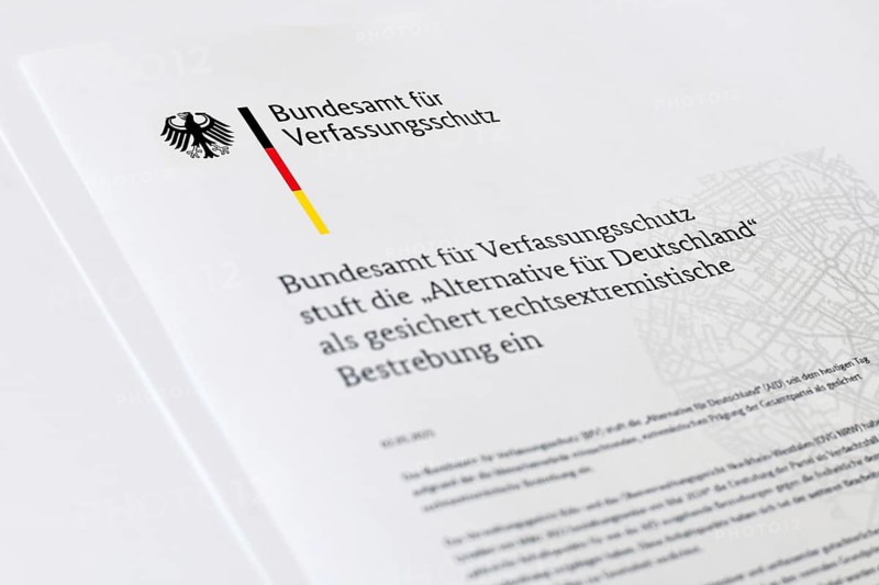 Germany - 05.05.2025: German press release saying 'The Federal Office for the Protection of the Constitution classifies the Alternative für Deutschland as a confirmed right-wing extremist endeavor. Assessment of political party AfD as a right-wing extremist movement