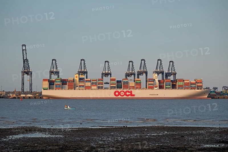 Container ship, container gantry cranes, boats, harbour, Harwich, Suffolk, England, Great Britain