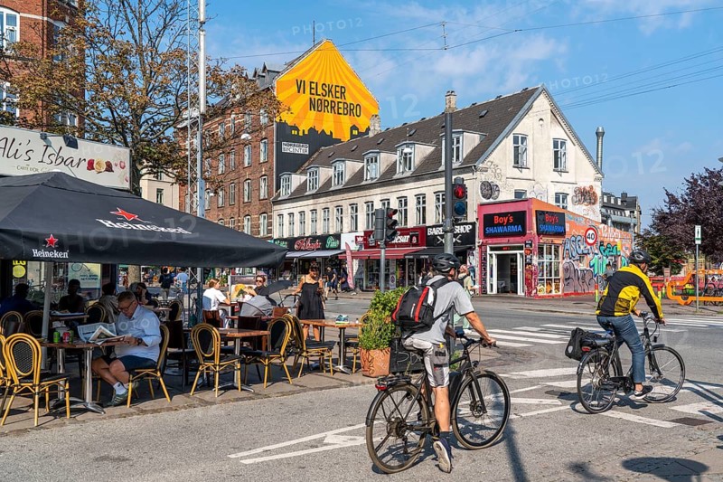 The Nørrebro district in Copenhagen, lively, multicultural and student neighbourhood, main street Nørrebrogade, Denmark