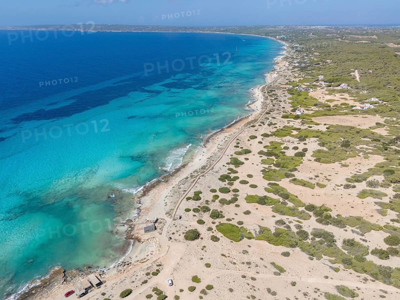Aerial view of the beach walk at Platja Es Arenals, Playa Migjorn, Formentera, Balearic Islands, Spain