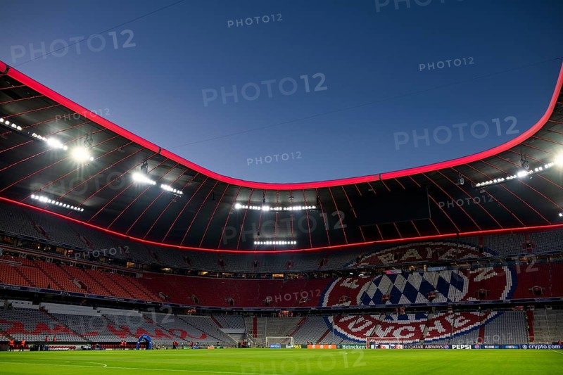 Evening match Allianz Arena, interior, illuminated, logo FC Bayern Munich, blue hour, UEFA Champions League Allianz Arena, Munich, Bavaria, Germany
