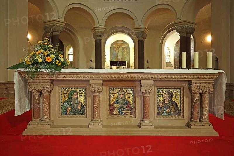 Decorated altar with mosaic of saints, saint, figures, Malachy, interior view, arts and crafts, bouquet of flowers, decoration, red carpet, Mission House Church, church, Mission House, Arnold-Janssen-Gymnasium, Sankt Wendel, Saarland, Germany