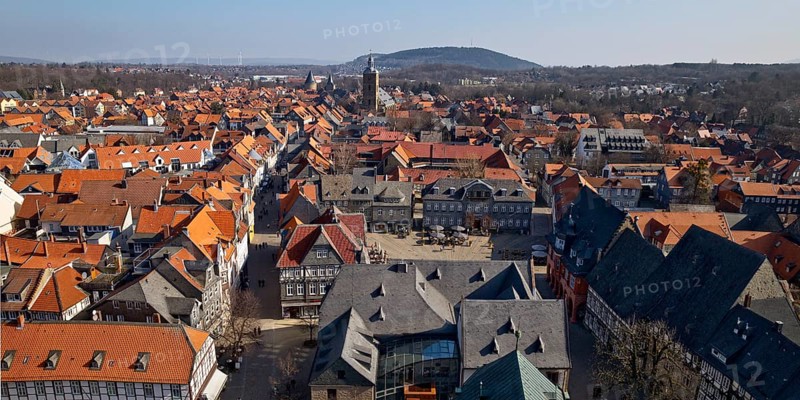 City panorama from the market church above the roofs of the old town of Goslar with a view of the market square and St Stephen's Church, Lower Saxony, Germany