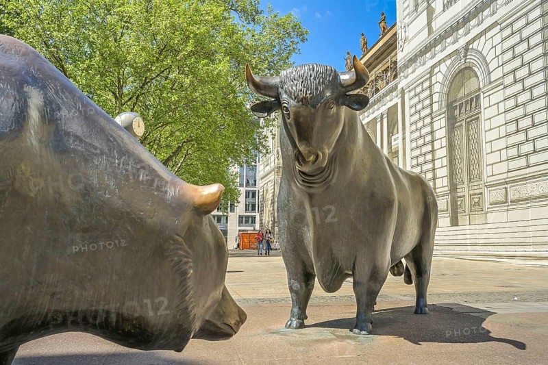 Bronze sculpture, Bull and Bear, German Stock Exchange, Stock Exchange Square, Frankfurt am Main, Hesse, Germany