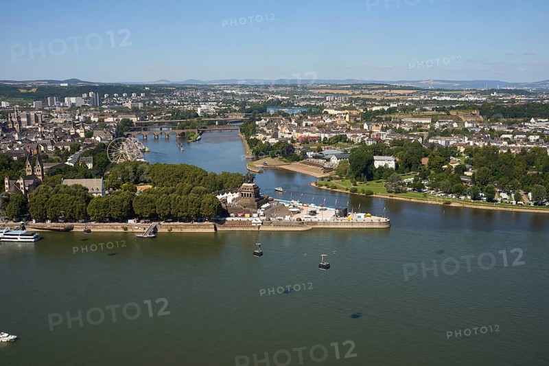 The Rhine in Flames event site around the Deutsches Eck in Koblenz. The Rhine in Flames fireworks spectacle takes place along the most beautiful stretches of the Rhine every year from May to September.Koblenz, Rhineland-Palatinate, Germany