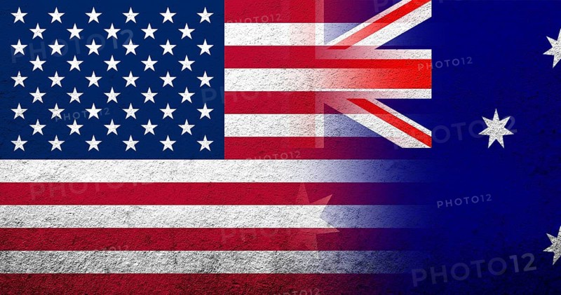 United States of America (USA) national flag with National flag of Australia. Grunge background