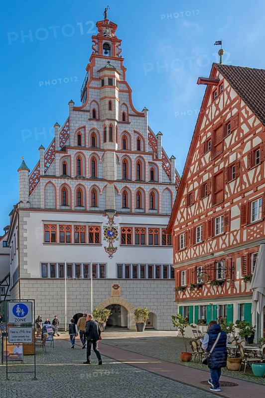 Half-timbered house and late Gothic town hall with early Baroque gable, historic old town, Bad forest lake, Upper Swabia, Baden-Württemberg, Germany