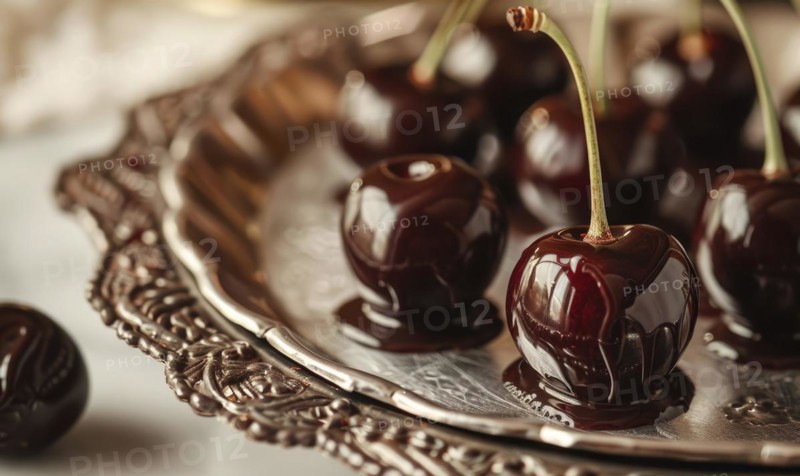 A delectable chocolate-covered cherry served on a silver platter AI generated