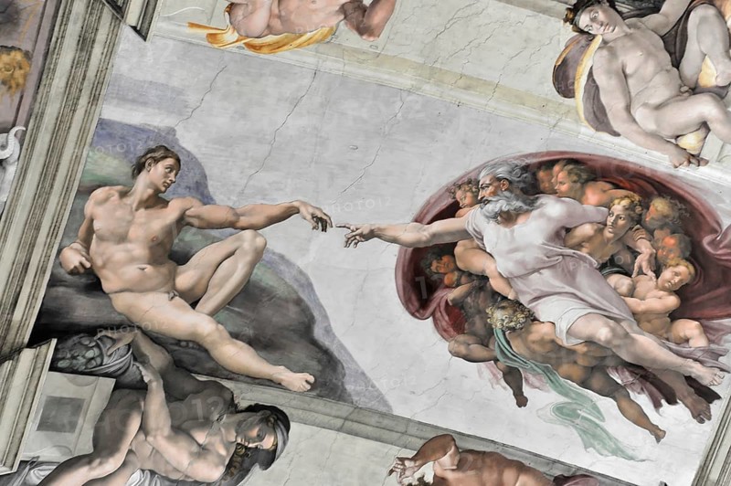 Michelangelo's Creation of Adam in the Sistine Chapel, Vatican Museum, Rome, Italy, Detailed depiction of the Creation of Adam in fresco with God and angel, Vatican, Rome, Lazio, Italy
