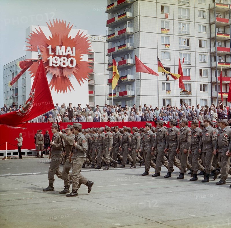 East Berlin, 01.05.1980, Karl-Marx-Allee, march past by members of the combat groups of the GDR, at the tribune at the demonstration on 1 May East Berlin, GDR GDR