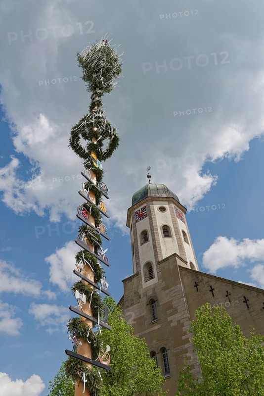 Maypole in Bühlertann, Bühlertal, Bühler, Church, Germany