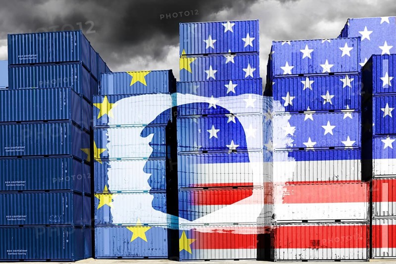 Stacked containers with European and US flags and silhouette of Donald Trump, symbolic photo trade between the USA and Europe, photomontage