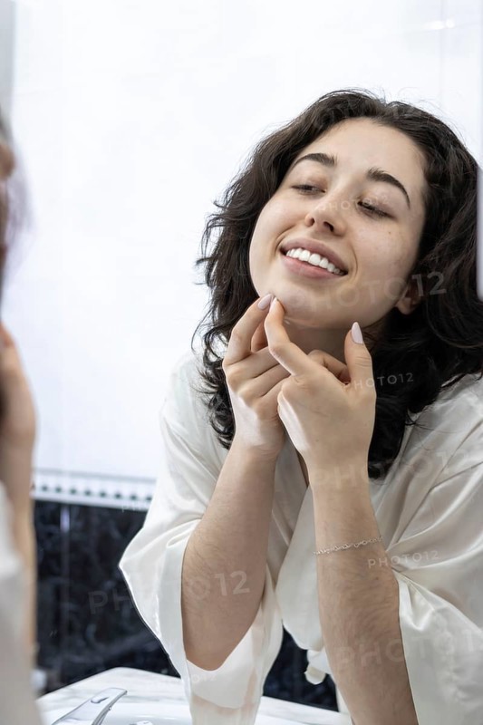 Portrait of a happy woman removing pimples and blackheads from her face in front of the mirror at home. The bad eating routine and the excess of fats and sweets in meals can cause an increase in acne in people