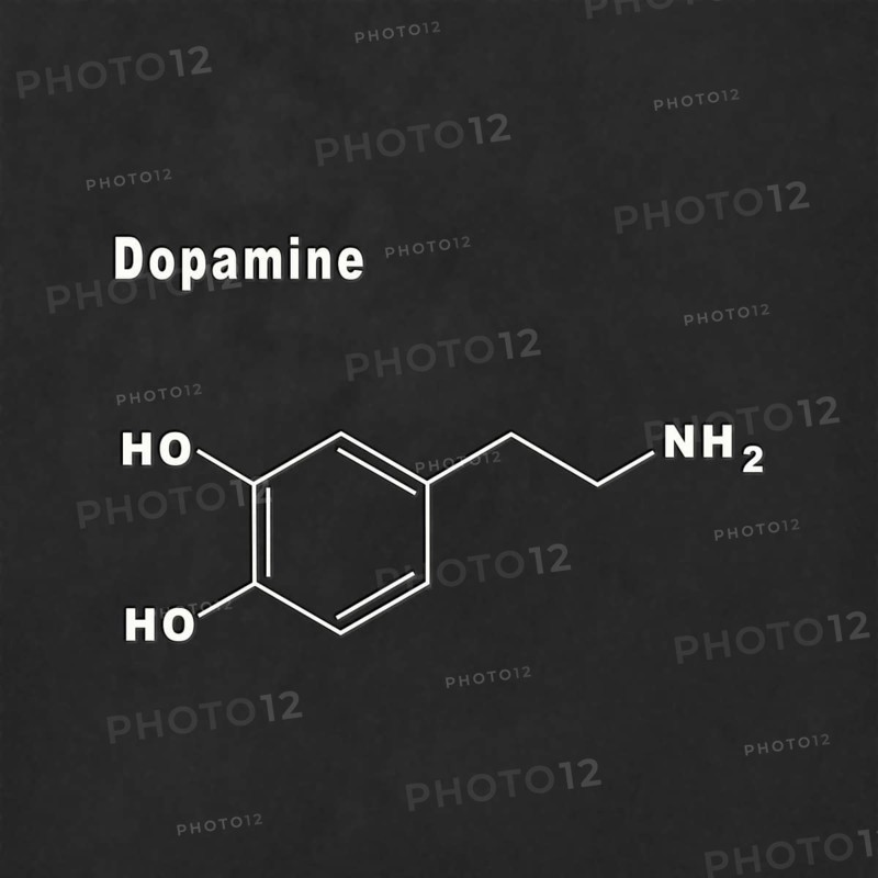 Dopamine Hormone Structural chemical formula white on black background