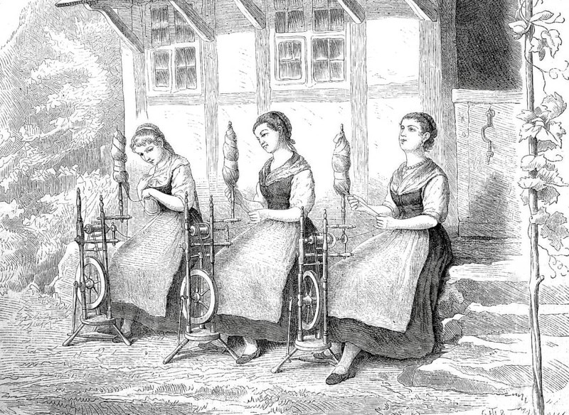Three girls sitting in front of a house, with spinning wheel, spinning wool, around 1870, Historical, digitally enhanced reproduction of a 19th century model