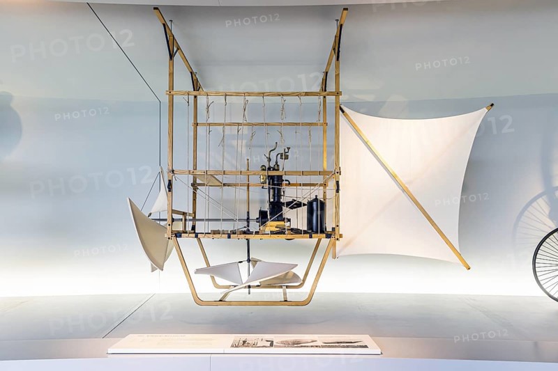 Wölfert's motorised airship from 1888. The Mercedes-Benz Museum in Stuttgart presents a journey through the automotive history of the global corporation. The history of the Mercedes star begins with the first automobile in 1886. 160 vehicles are on display. Stuttgart, Baden-Württemberg, Germany