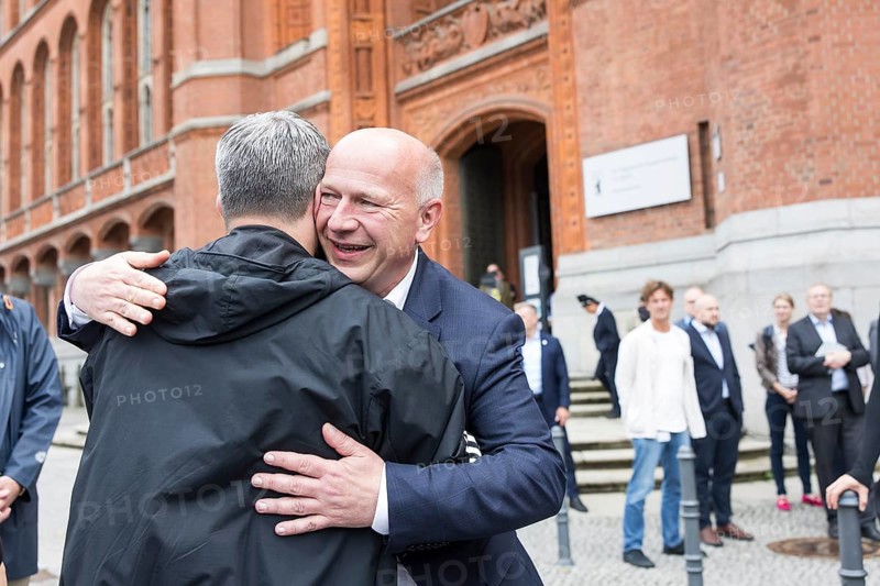 Kai Wegner (Governing Mayor of Berlin) welcoming members of the LSVD (Lesbian and Gay Federation in Germany) in front of the raising of the rainbow flag for Pride Week in front of the Rotes Rathaus in Berlin on 9 July 2025