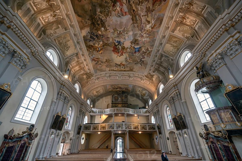 Interior with organ loft of the baroque parish church of St Nicholas, 1725, Tannheim, Austria