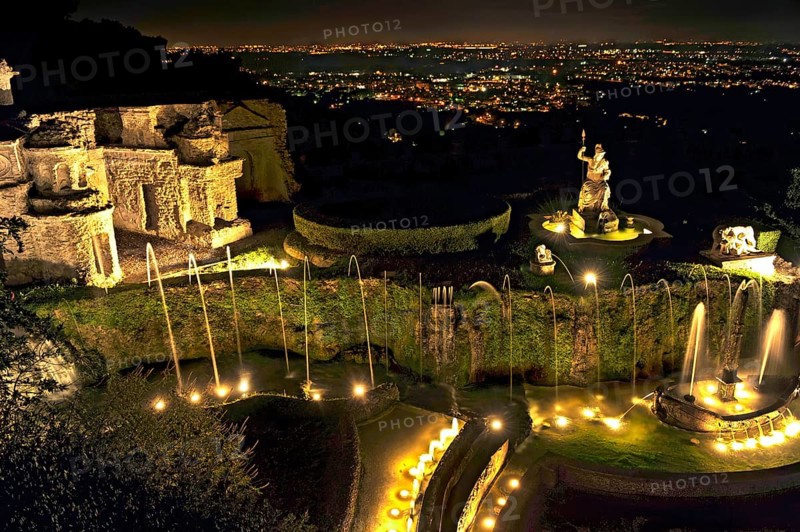 Fontana della Rometta e di Roma, Renaissance garden of the Villa d'Este, water features, fountains, atmospheric illumination at night, UNESCO World Heritage Site, Tivoli, metropolitan city of Rome, Lazio, Italy