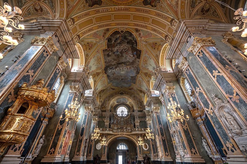 Interior with organ gallery of Bressanone Cathedral, Cathedral Square, Bressanone, South Tyrol, Italy