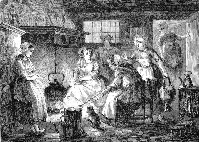 Water woman and fire woman in Holland with the task of fetching water and tending the fire, historical, reproduction of a model with a scene from the 19th century
