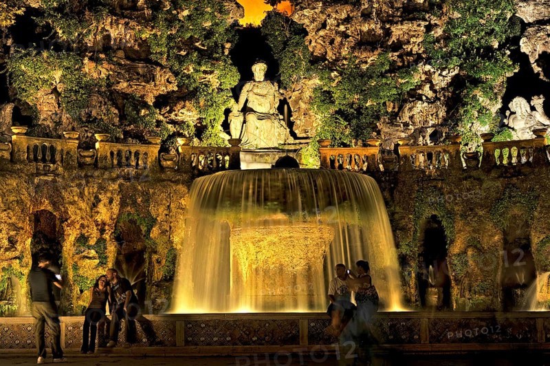 Ovato Fountain Fontana dell'Ovato, Renaissance garden of Villa d'Este, water features, fountains, atmospheric illumination at night, UNESCO World Heritage Site, Tivoli, metropolitan city of Rome, Lazio, Italy