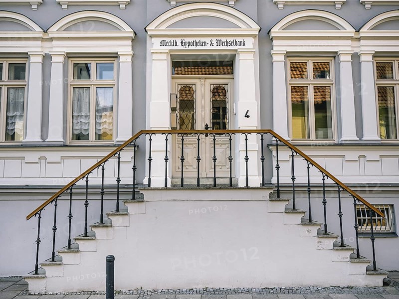 House front with double staircase in the town of Malchow, Mecklenburg-Vorpommern, Germany