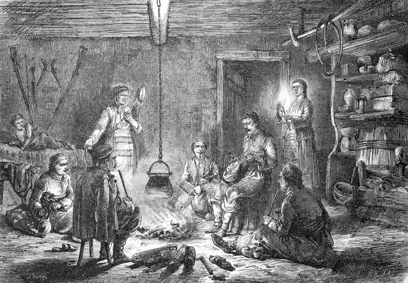 Family in their house in Dalmatia, open campfire in the room, simple conditions, historical, reproduction of a model with a scene from the 19th century