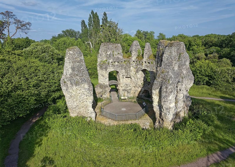 Odiham Castle, also known as King John's Castle, is a ruined castle from the 14th century. Aerial view. Greywell, Hampshire, South East England, Great Britain