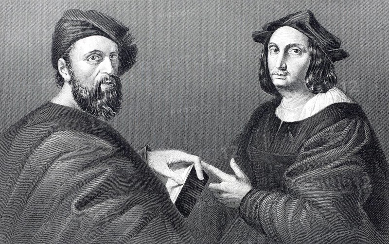 Andrea Navagero (born 1483 in Venice, died 1529 in Blois), Italian humanist and poet and Agostino Brazzano, steel engraving after a painting by Raphael, Historical, digitally restored reproduction of a 19th century model