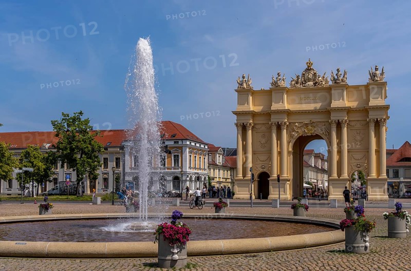 Fountain on Luisenplatz in front of Potsdam's Brandenburg Tor, Brandenburg, Germany