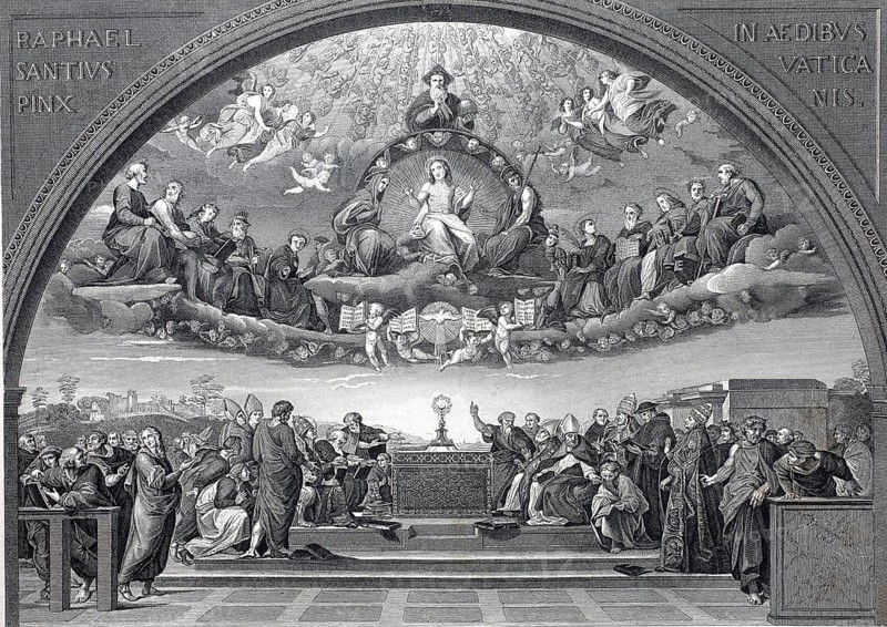 La Disputa, The Disputation of the Blessed Sacrament by Raphael, part of the frescoes in Raphael's Stanzas in the Vatican. The painting depicts theology as knowledge of divine things and is one of Raphael's most famous works, Historic, digitally restored reproduction of a 19th century original