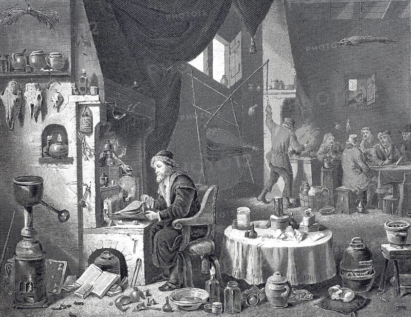 The chemist in his experimental laboratory, steel engraving after a painting by David Teniers, historical, digitally restored reproduction of a 19th century original