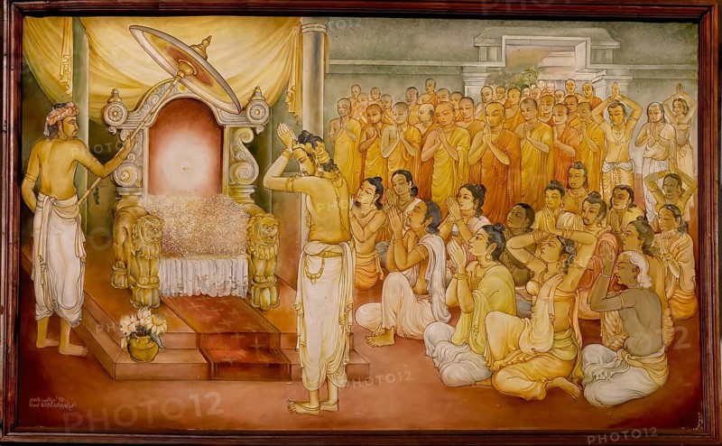 Temple of the sacred Tooth Relic or Sri Dalada Maligawa, Painted panel depicting the history of the Sacred Tooth Relic, New Shrine room or Alut Maligawa ceiling, Kandy, Sri Lanka