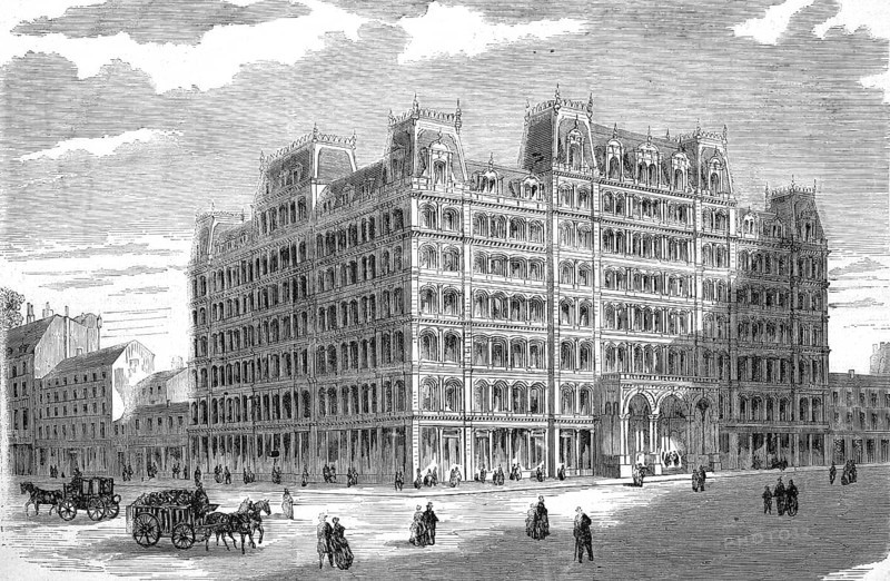 Alexander F. Stewart's Hotel for vulnerable women workers in New York, America, Historical, Reproduction from a model with a scene from the 19th century