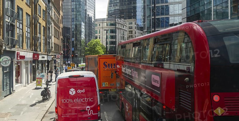 View from double decker bus window of traffic congestion, Wormwood Street, City of London, London, England, UK
