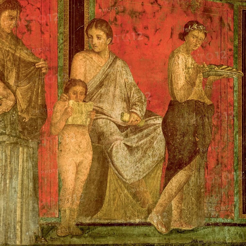 Frescoes, Lecture of the Ritual of the Bridal Mysteries, in the Mystery Villa in Pompeii, Pompeii, Italy