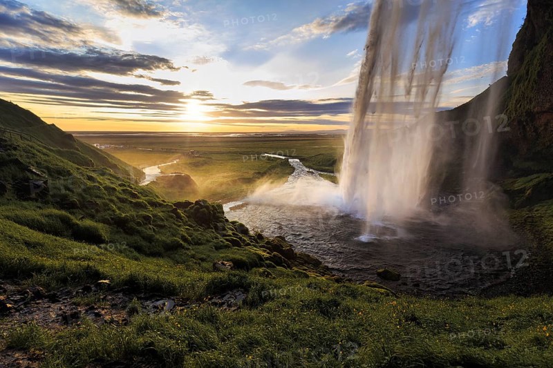 Seljalandsfoss at sunset, Suðurland, Sudurland, near Ring Road, South Iceland, Iceland